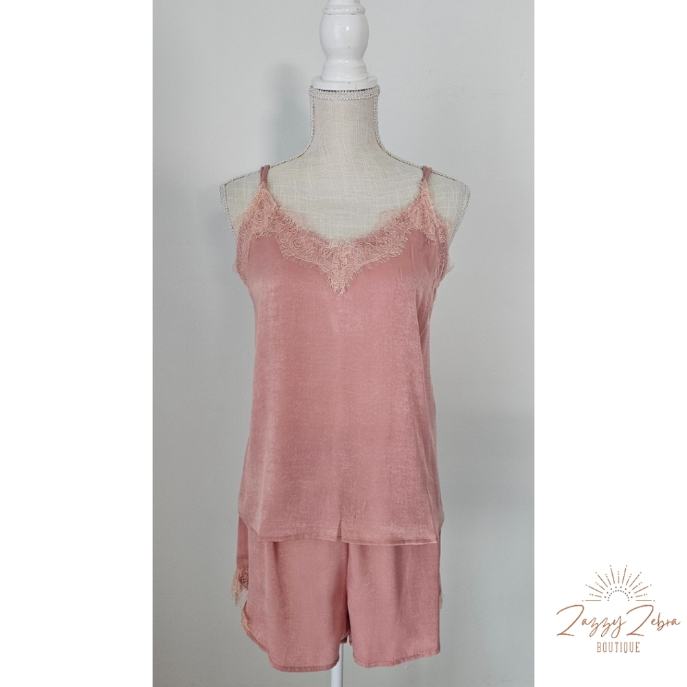 Lace Satin Lounge Set - Blush - Mystree - SMALL | MEDIUM | LARGE